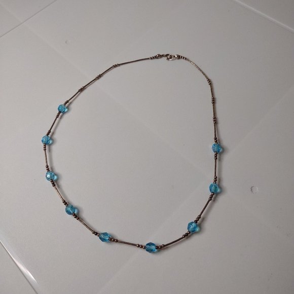 Vintage Blue Glass Bead Necklace With 925 Clasp 16 1/4 Inches Long - Picture 1 of 12